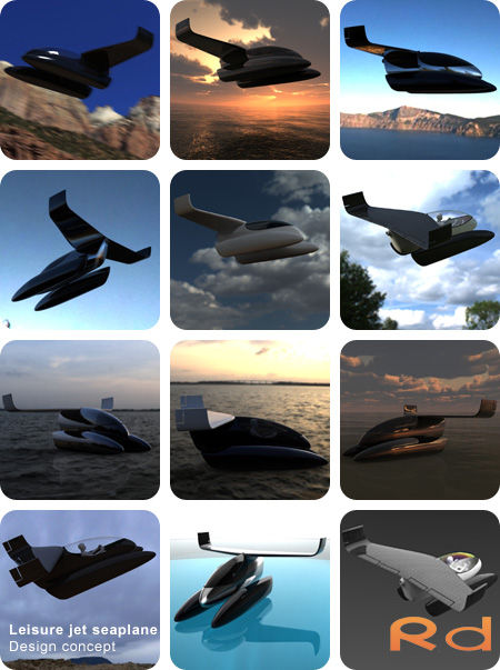 3D-modeled jet seaplane designed in Alias StudioTools and rendered in Keyshot, showcasing the development of the second concept from 2010.